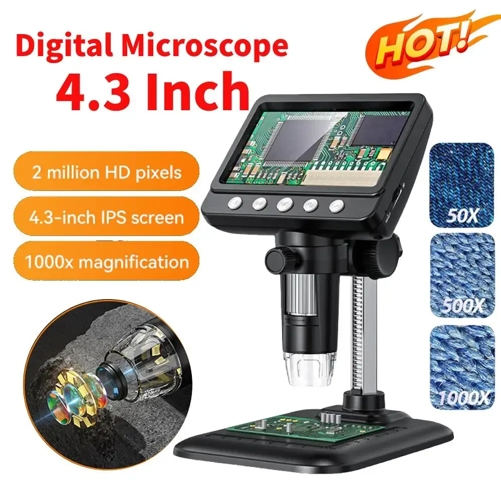 4.3Inch 1080P Digital Microscope 2000mAh Soldering Microscope 1000X Electronic Magnifier Microscope for Soldering Repairing Tool