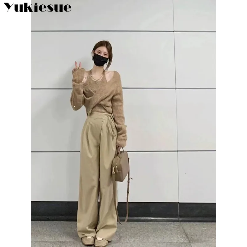 Y2k jumper estetika wanita Fashion palsu dua potongan Patchwork Streetwear Solid tarik Femme Grunge rajutan Halter sweater Vintage