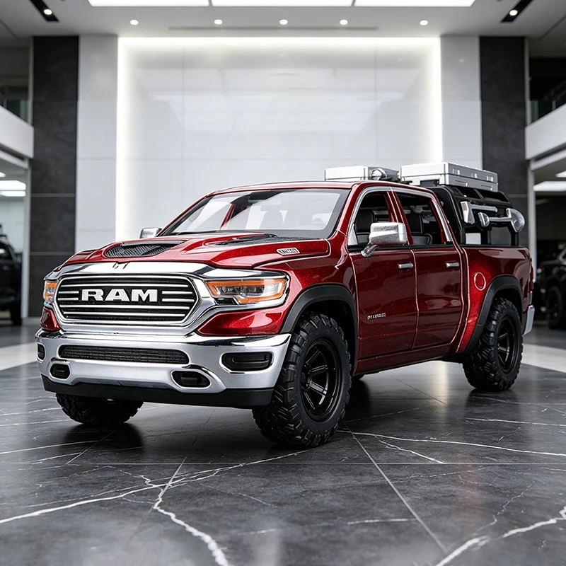 1:32 Dodge RAM 1500 Pickup Legierungsautomodell Druckguss-Metallmodell mit Rückziehfunktion, Sound und Licht für Sammlerfahrzeuge