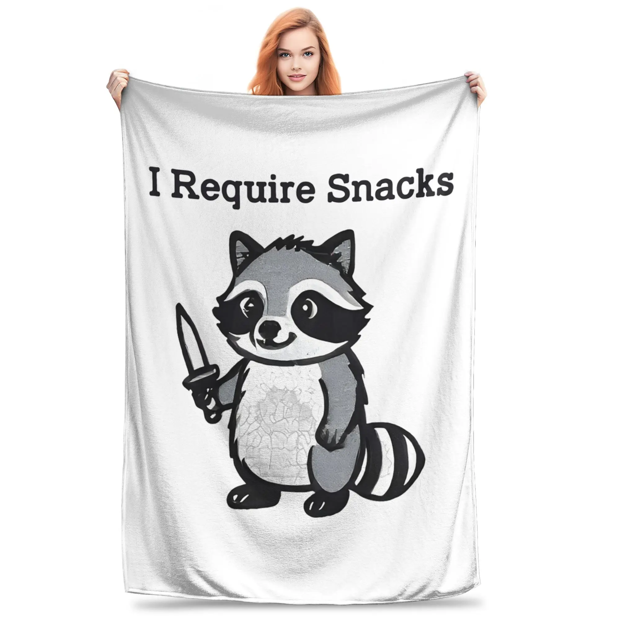 I Require Snacks Embroidered Raccoon Blanket Warm Flannel Sofa Throw Blanket for Home Bedroom Outdoor Throws Bedspread Quilt