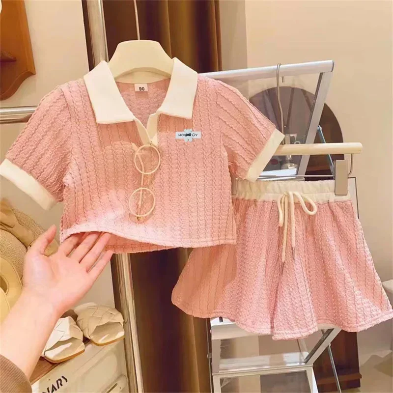 Polo Collar Baby Girls Summer New Outfit Cute Sweet Casual Short Sleeve Top Bind Edge Shorts Two Piece Set Comfort Fashion 2-10Y