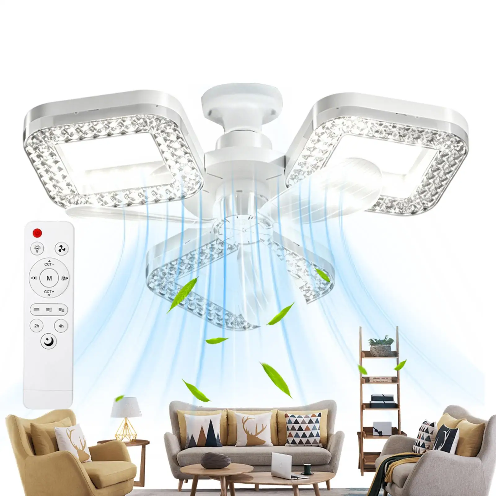 Square LED Ceiling Fan Light 3000K-6500K 3-speed Wind Speed With Remote Control 2/4 Hour Timer Ceiling Fan For Bedroom
