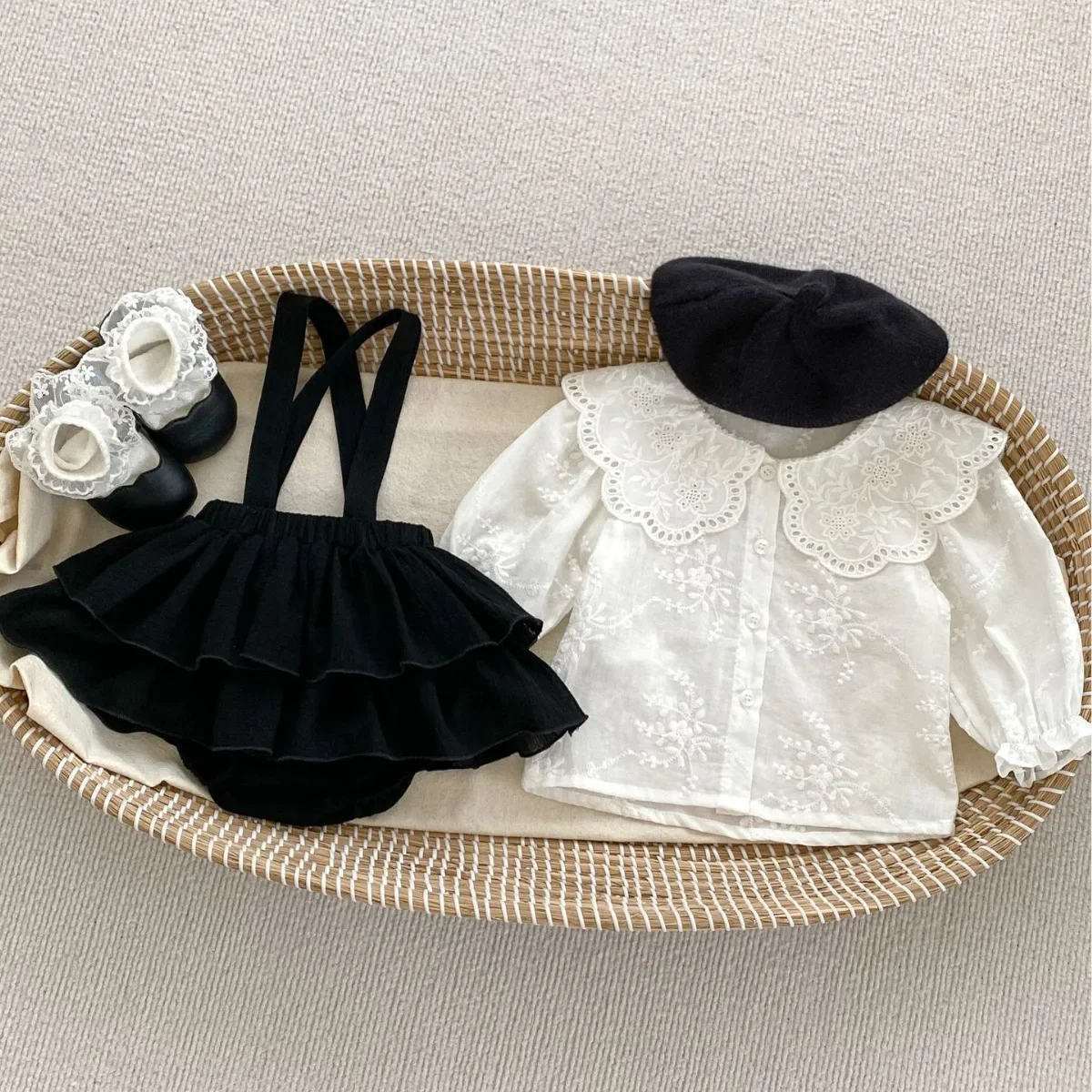 8508-baby-girl's-clothing-set-2024-spring-new-solid-color-big-lapel-girl's-shirt-or-strap-bag-fart-pants-sweet-toddler-suit