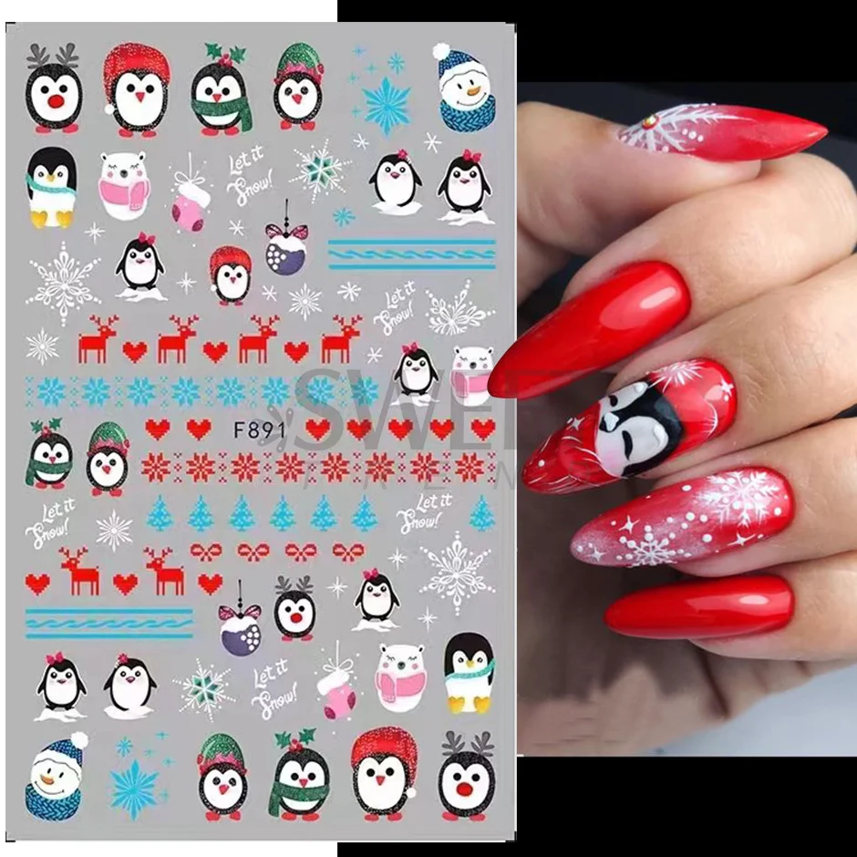 Red Santa Claus Nail Art Decoration Sticker 2022 Unique Nails Penguin Snowflake Winter New Year 3D Sliders Manicure Decor SAF889