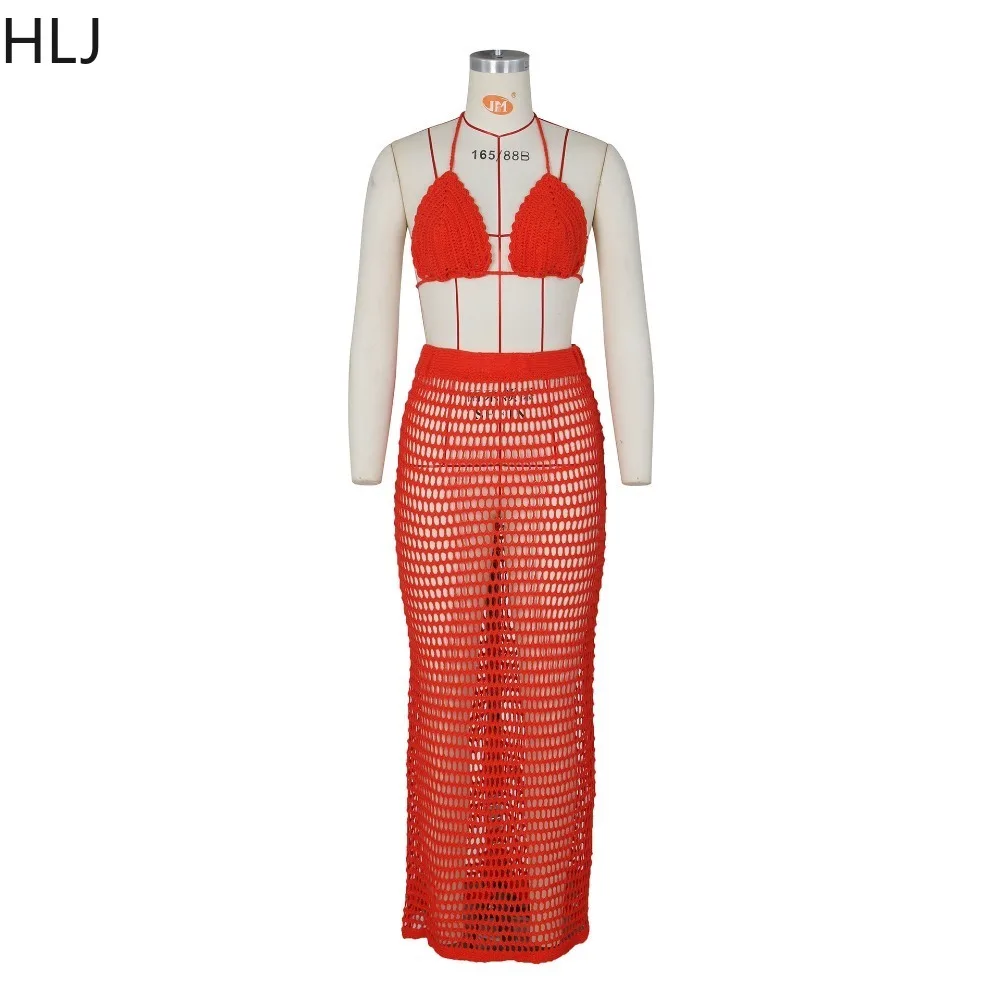 HLJ Sexy Knitting Hollow Perspective Skinny Skirts Two Piece Sets Women Sleeveless Bra And Skirt Outfits Fashion Beach Clothing