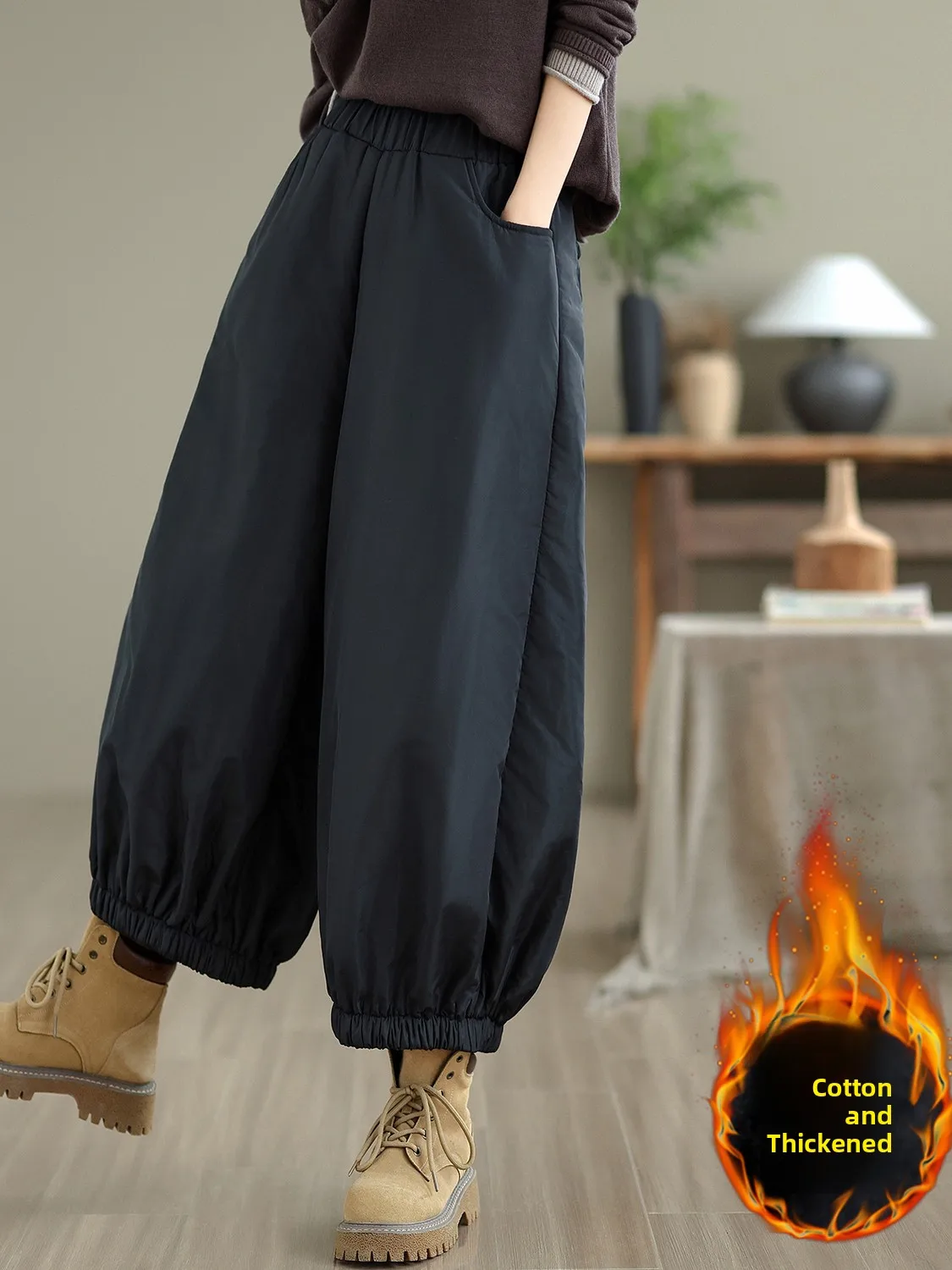 

Настоящие зимние свободные хлопковые брюки-фонарики с высокой талией, прямые повседневные брюки, универсальные удобные широкие брюки