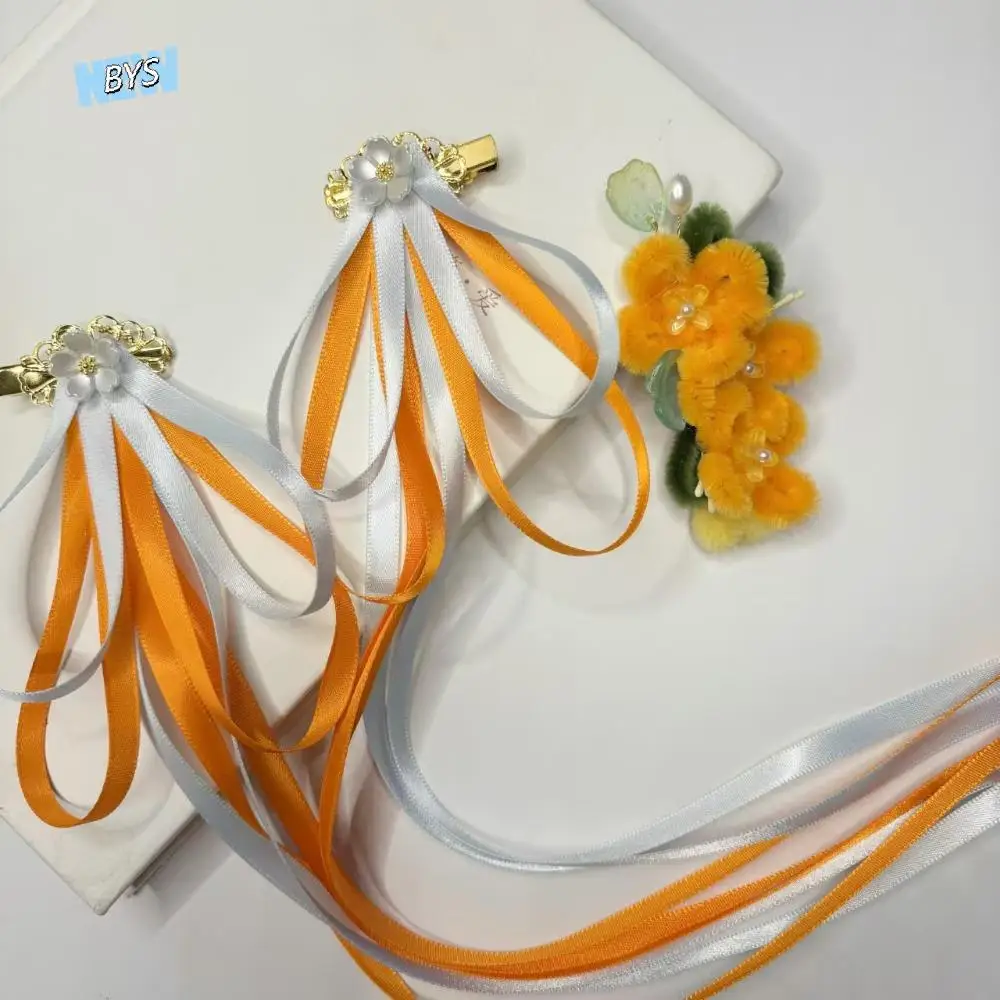 

Floral Yellow Flower Hairpin Ribbon Bowknot Chinese Style Hair Clip Cloth Headwear Long Streamer Barrettes Hair Accessories