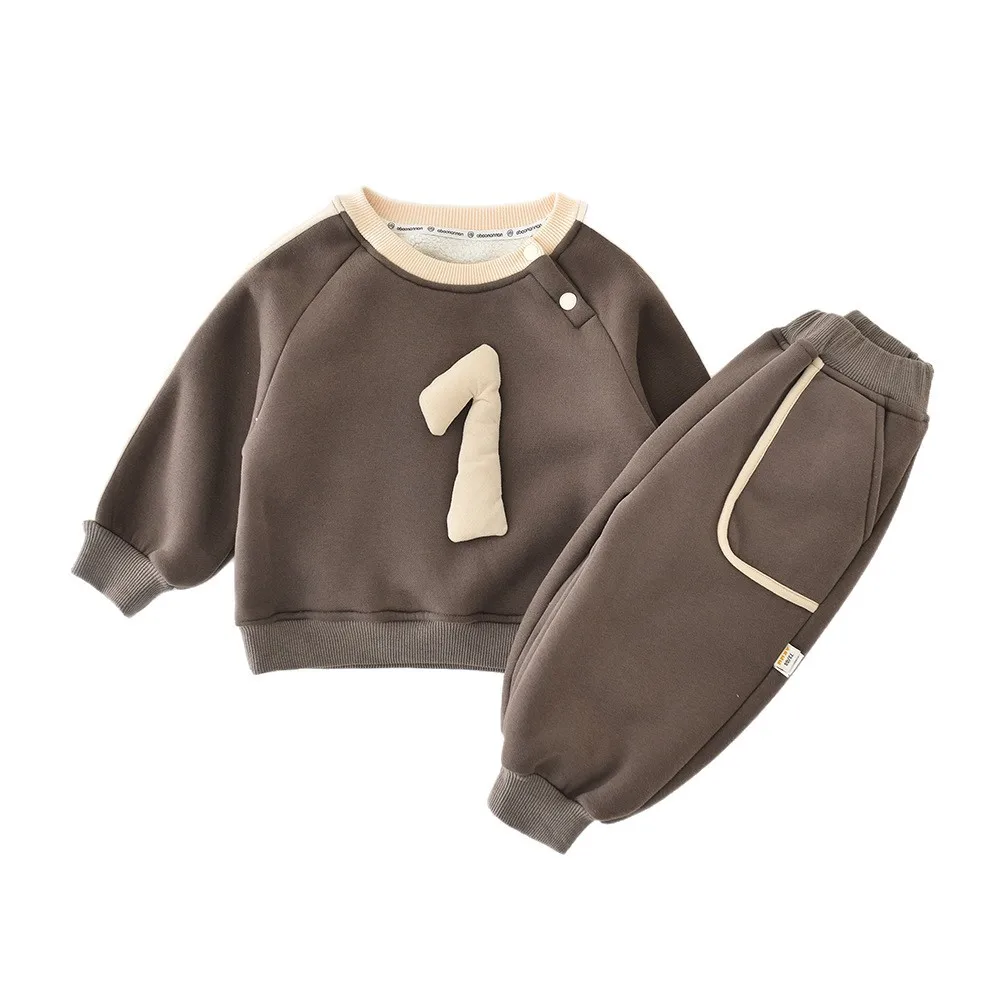 2025 شتاء جديد طفل ملابس طويلة الأكمام مجموعة الفتيان فتاة بلوزة من الصوف + السراويل 2 قطعة دعوى الرضع زائد المخملية سميكة الدافئة وتتسابق