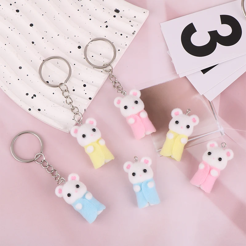 3D Cartoon Flocking Colorful Clothes Love Mouse Keychain Bag Pendant Cute Little Mouse Animal Keyring Backpack Car Decor Gifts