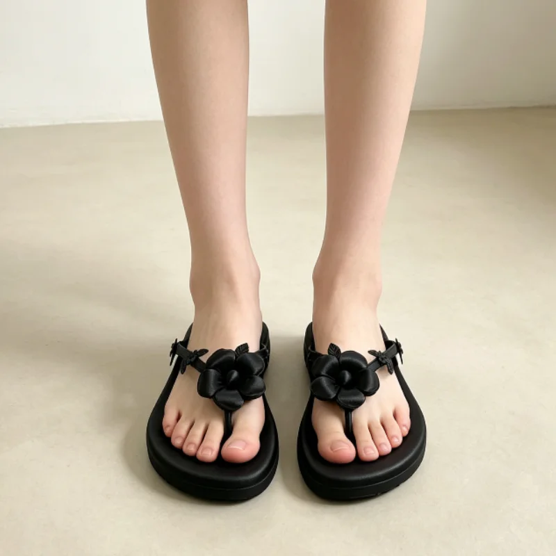 Sweet Lovely Flower Decorated Sandals Fairy Style Flip Flops Luxurious Satin Beach Vacation Slippers Soft Comfortable Flat Shoes