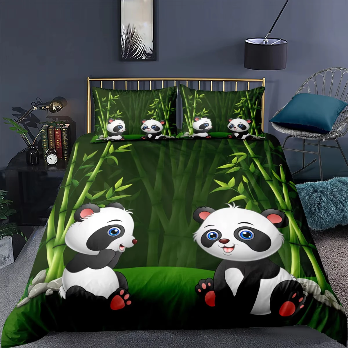 Cute Cartoon Panda Duvet Cover Bamboo Bedding Set Black White Bear Comforter Cover Queen Twin for Boys Girls Teens Bedroom Decor