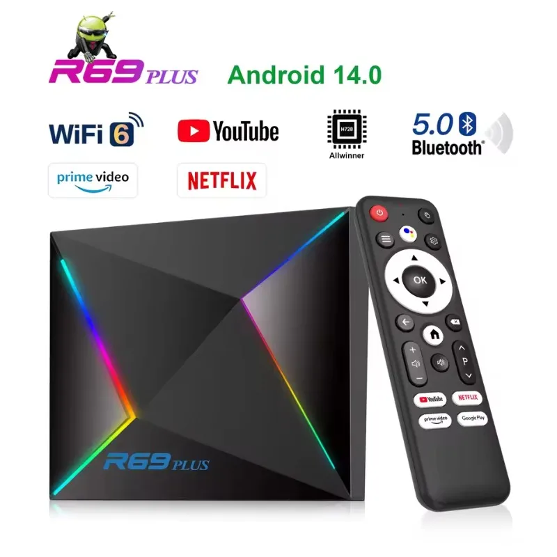 

New Android Box R69 Plus Android 14 Set Top Box AllwinnerH728 TV Box 8K WiFi6 HD Bluetooth Ethernet 1000M Streaming Media Player