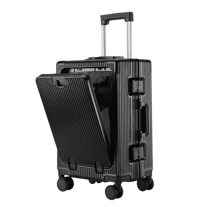 Equipaje con apertura frontal, portavasos USB, marco de aluminio, bolsa para ordenador portátil, maleta de viaje con cabina con contraseña de 20/24 pulgadas