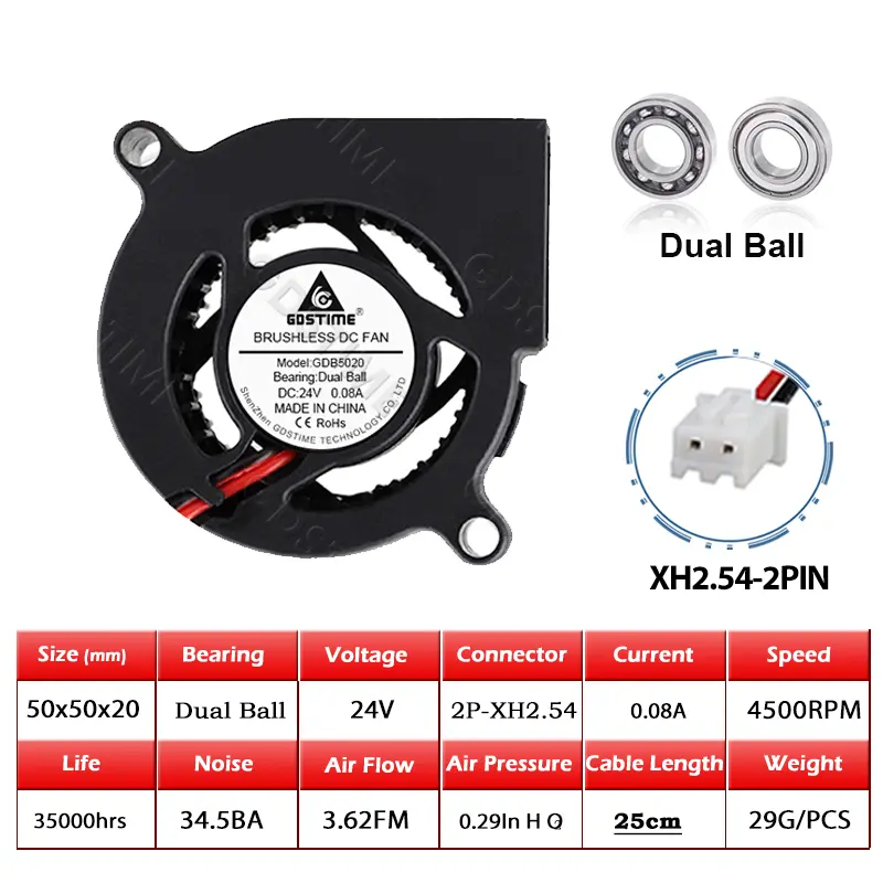 Gdstime DC 5V 12V 24V 50x50x15mm Dual Ball Cooler 2Pin USB Radial Fan 5015 Turbo Blower 5cm 50mm Radiator for 3D Printer Cooling - Image 12
