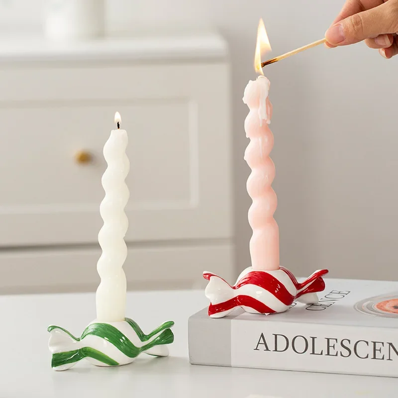 Ceramic Candle Holder Colorful Striped Candy Candlestick Cartoon Candle Stick Holder Storage Rack Home Decoration Accessories