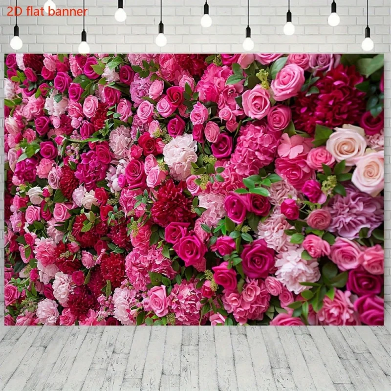 1 Stück, 2D-Flachbanner aus Polyester mit Blumenmuster – flammenrosa und roter Rosenhintergrund – Fotohintergrund, Jubiläum, allgemeine Verwendung, wsj