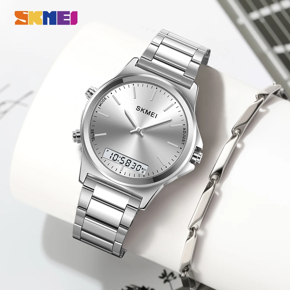 

SKMEI цифровые часы с полосой из нержавеющей стали для мужчин и женщин, модные деловые водонепроницаемые кварцевые наручные часы и браслет в подарок