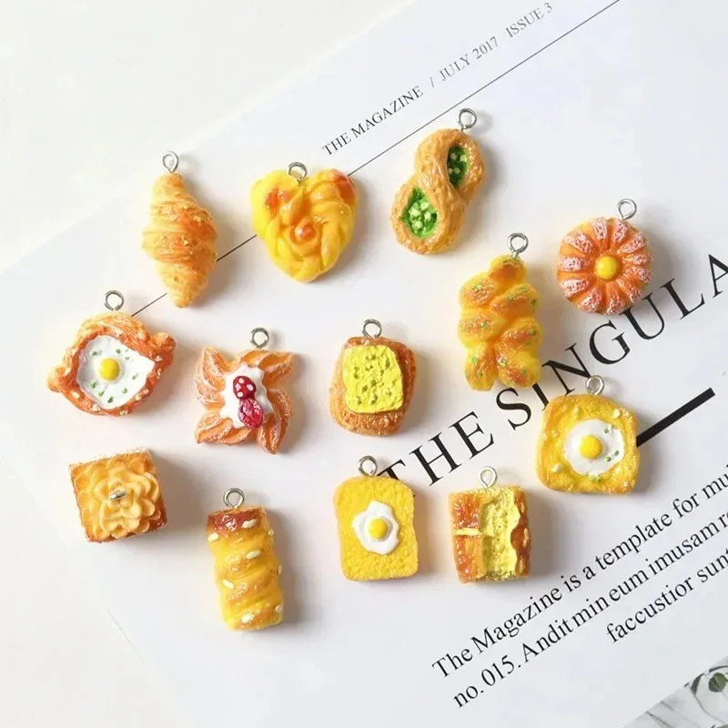 10Pcs Resin Simulation Food Charms Bread Cake Fried Egg Steamed Bun Pendants DIY Accessories for Phone Straps Jewelry Crafting