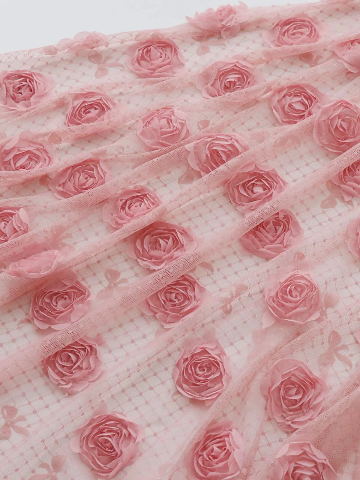 Pink 3D Rose Embroidery Mesh Lace Fabric for Wedding Dress Designer Fabric By The Meter