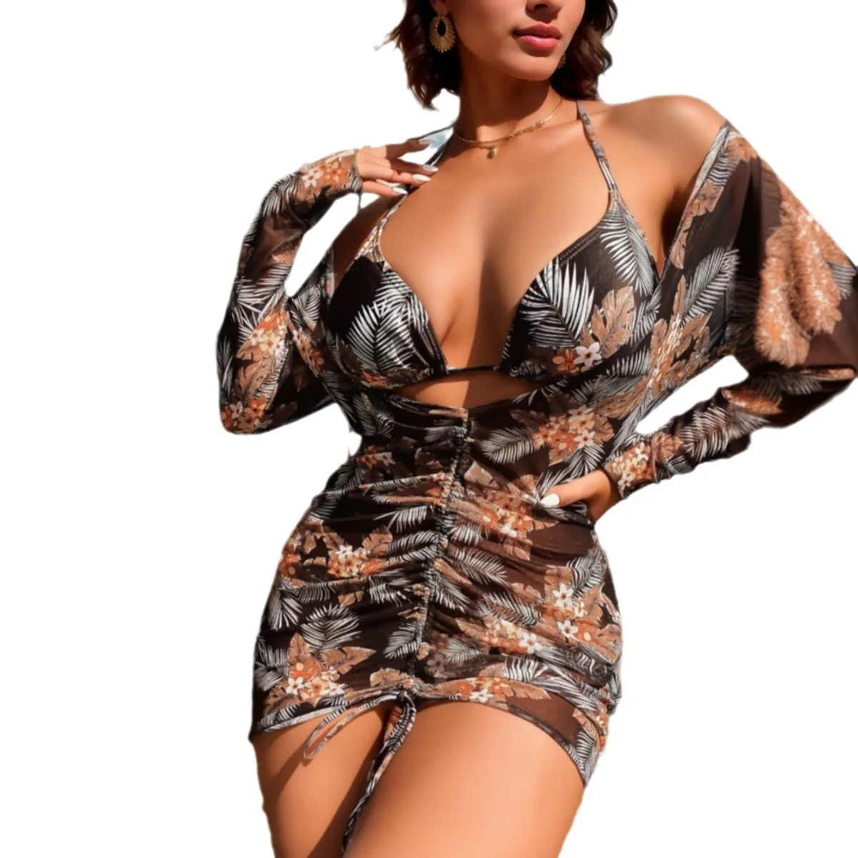 Nuovo Set 3 pezzi costume da bagno donna perizoma costumi da bagno Sexy stringhe Bikini con coulisse Cover Up Beach Wear costume da bagno tropicale