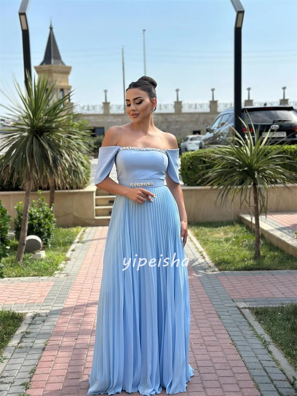 Customized Modern Style Elegant Chiffon Rhinestone Ruched Straight Off-the-shoulder Long Dresses Bespoke Occasion Dresses Sexy