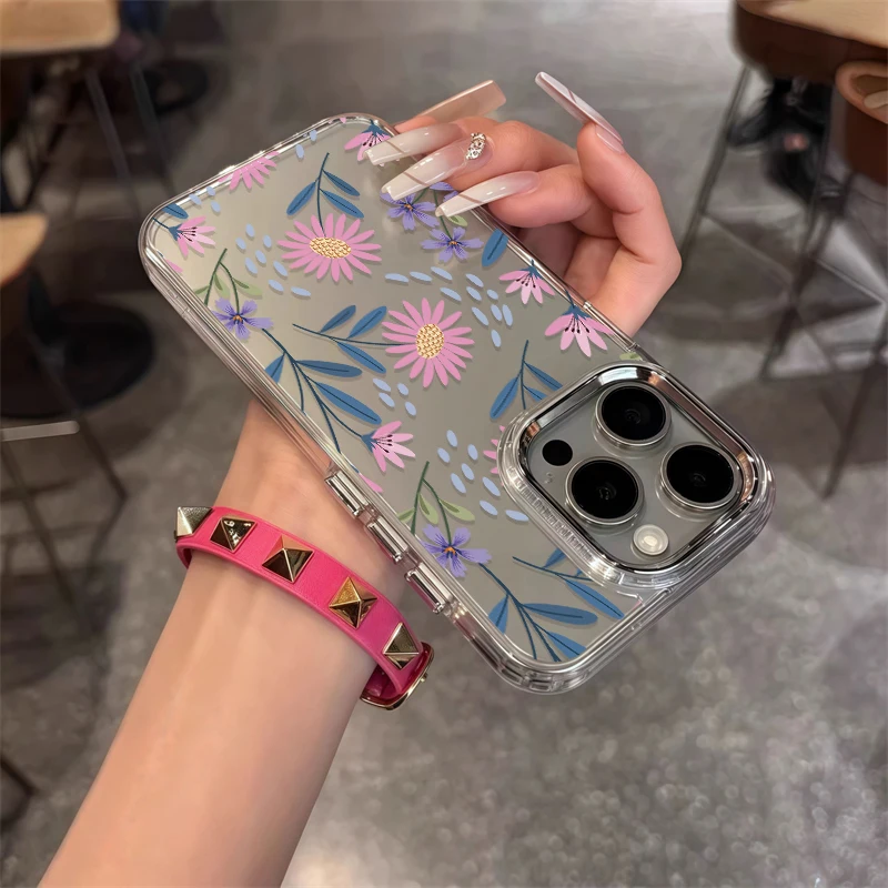 Custodia per telefono con motivo floreale per iPhone 17 Air 13 11 12 14 15 Pro Max 16e XR XS X 7 8 Plus Cover con cornice per obiettivo argento antiurto