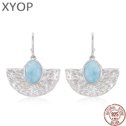 925 Sterling Silver Jewelry for Women Larimar Earring New Fashion Natural Precious Texture Restoring Ancient Ways Rhodium Plated