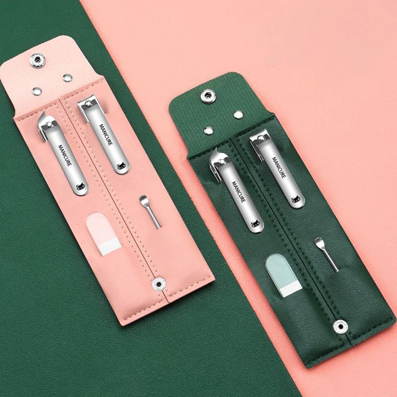 Travel Portable Nail Clippers Set, Household Manicure Pedicure Tools, Nail Cutter Ear Pick, Cuticle Trimming, Dark Green Pink