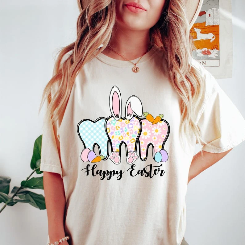 Happy Easter T-shirt, Bunny Teeth Ears Shirt, Rabbit Tooth Sweatshirt, Floral Dental Rabbit Tee, Funny Dentist Gift