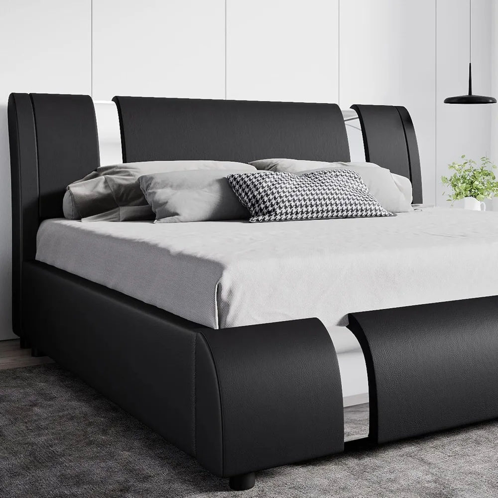 

Modern Faux Leather Queen Bed Frame with Adjustable Headboard and Iron Accents, Deluxe Upholstered Platform Bed