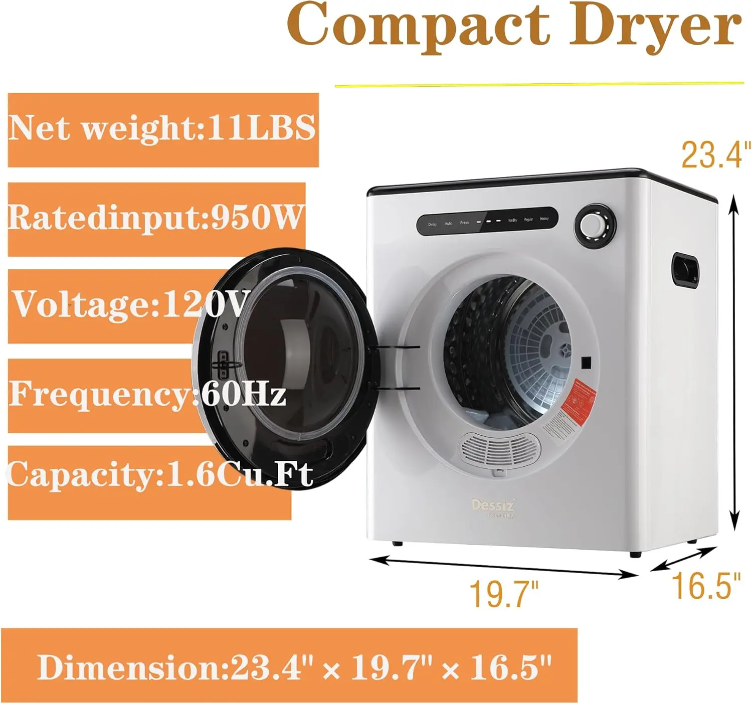 110V Dryers 950W Compact Dryer 1.6cu.ft Front Load Stainless Steel 11lbs Electric Dryers Machine with Exhaust pipe ,Dorms,Auto S