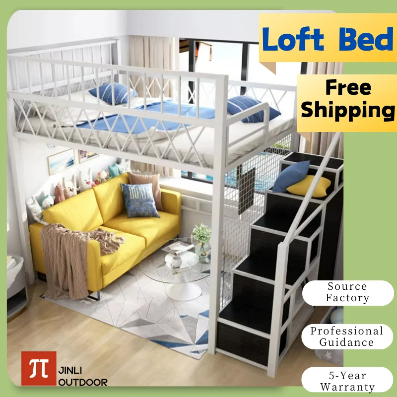 

Children's Double Bed Second Floor Bunk Bed Double Layer Thickened Iron Children's Loft Bed Space Saving Multifunctional Bed