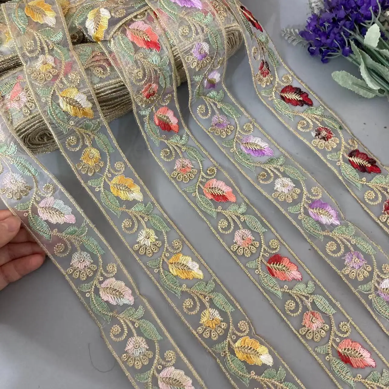 

2 Yards 4cm Ethnic Gold Thread Mesh Sequins Webbing Ribbon Tape Shoes Dress Decorative Embroidered Lace Trims Floral DIY Sewing