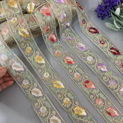 2 Yards 4cm Ethnic Gold Thread Mesh Sequins Webbing Ribbon Tape Shoes Dress Decorative Embroidered Lace Trims Floral DIY Sewing
