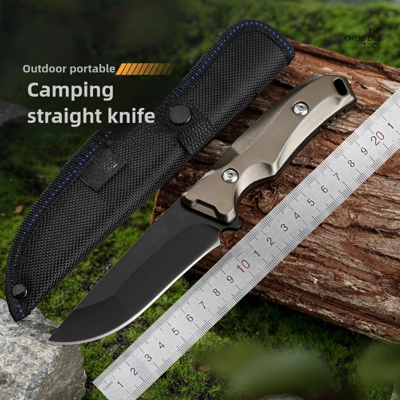 Outdoor Straight Knife Field Knife Fruit Knife Stainless Steel Knife Black Portable Practical Knife with Aluminum Handle