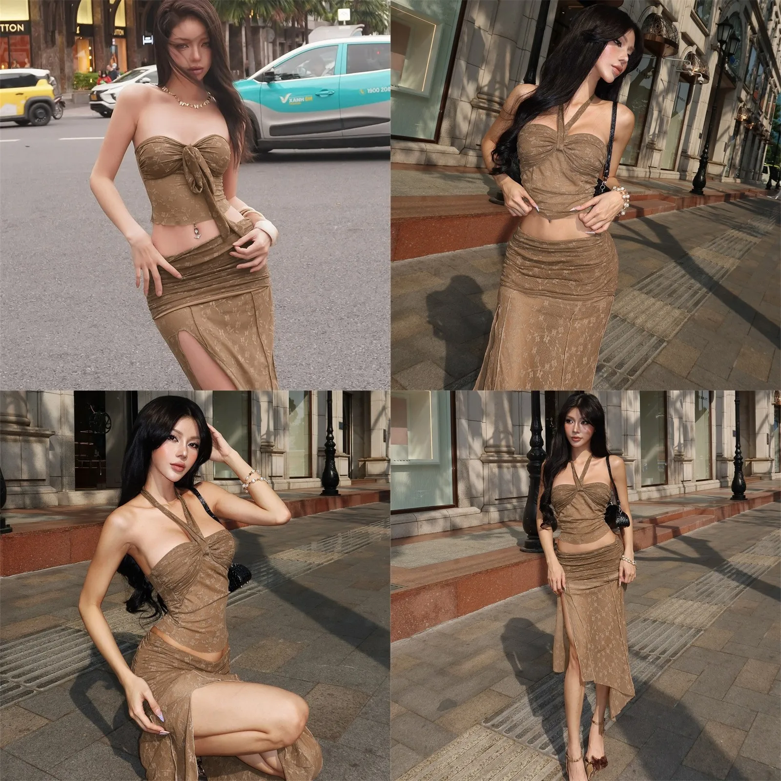 Lace Bandeau Top Bodycon Skirt Set for Women Sexy See Through Tie Front Irregular Hem Matching Sets Spring Summer