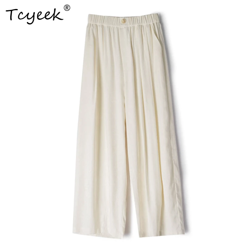 

Tcyeek 100% Mulberry Silk Spring Summer High Waisted Straight Leg Solid Color Haren Long Women' S Pants Брюки Женские Летние