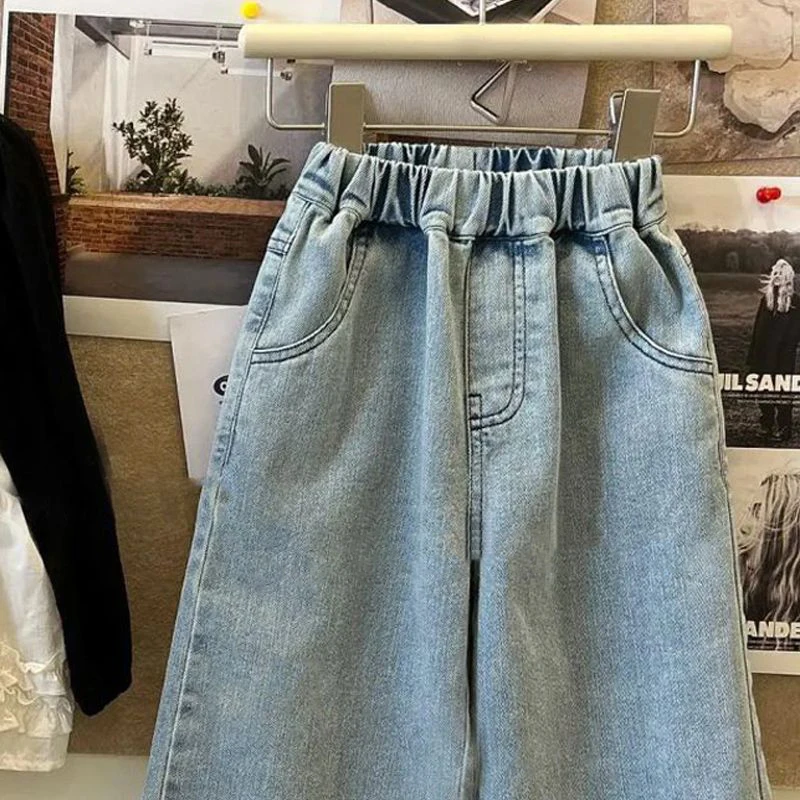 2024 Spring Girls Jeans Small and medium children lace slacks Loose and comfortable straight-leg pants Bull