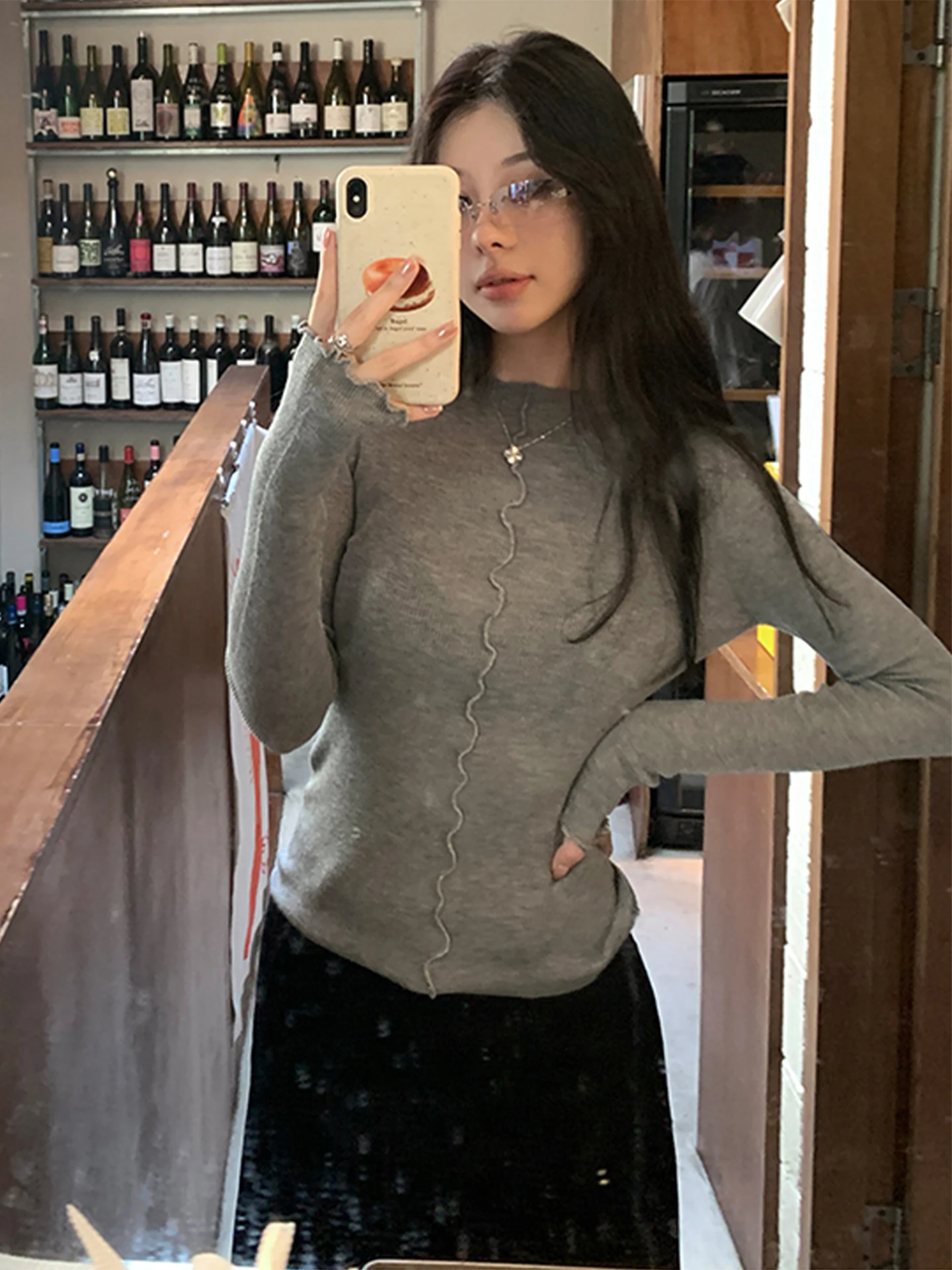 

Faionable Long Sve Knitted Base irt Women's Slim Fit Autumn Winter Top with Wood ain Ruffle Design Casual Sle