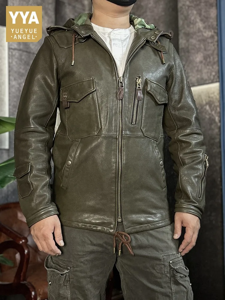 Top Quality Classic Retro Mens Genuine Leather Jacket Outerwear Real Goatskin Hunting Jackets Zipper Fashion Hooded Pocket Coat