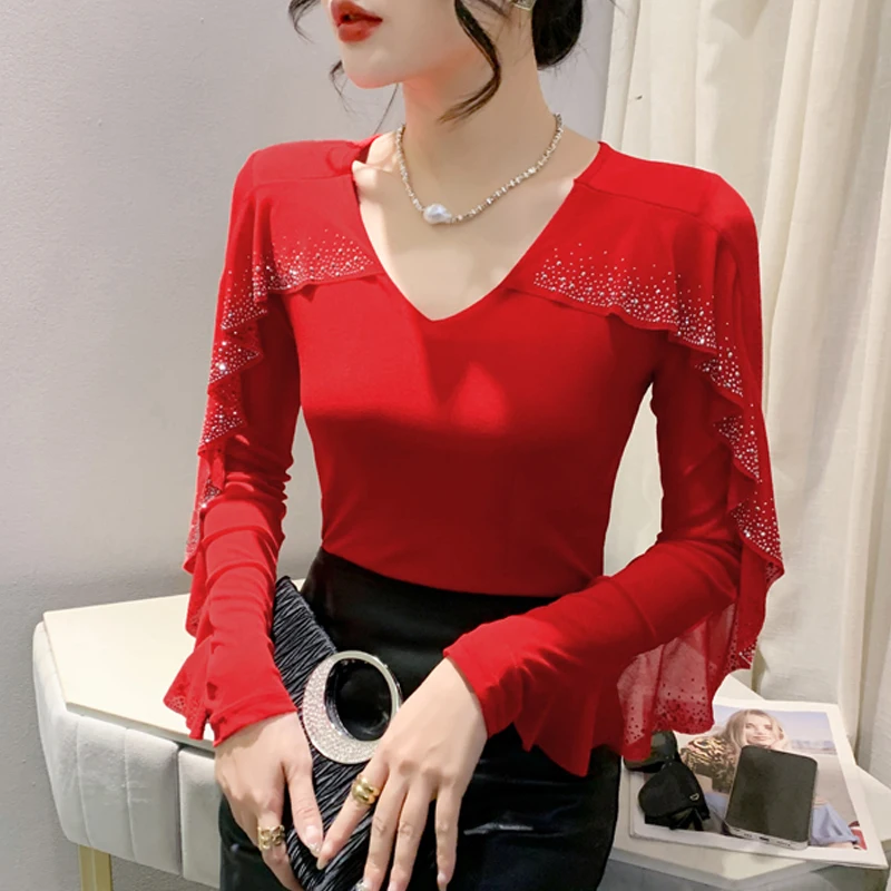 

New Fashion V neck Diamond Tees Elegant lotus leaf edge Women's top Long Sleeve Ruffles Black T shirt