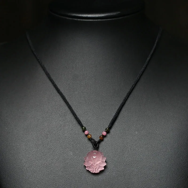 Natural powder crystal nine tailed fox pendant collarbone necklace, hibiscus stone crystal female best friend jewelry