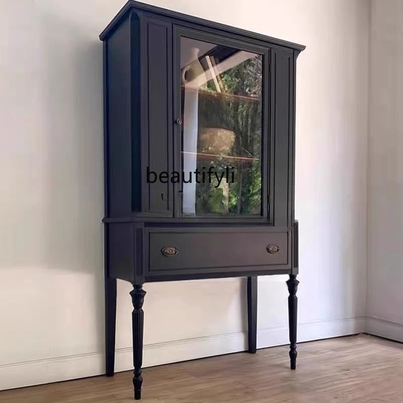 

French retro solid wood chest cabinet, living room glass door display cabinet, American retro dining side cabinet