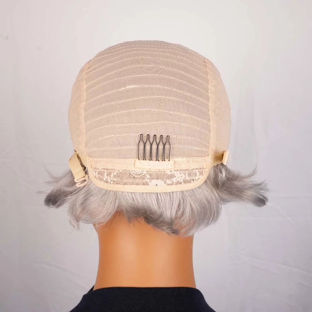 짧은 인모 가발 앞머리 포함 은회색 스트레이트 픽시컷 가발 여성용 레미 인모 기계 제작 가발 일상용