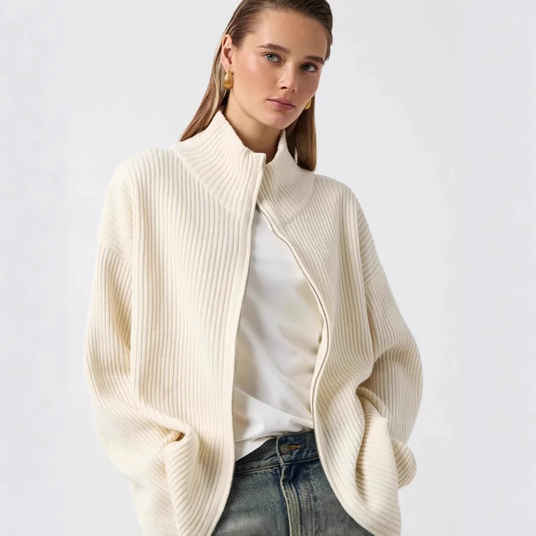 Women Solid Stand Collar Knitted Cardigan Casual Full Sleeve Lapel V-neck Loose Zipper Cardigans Lady 2026 Spring Autumn Outwear