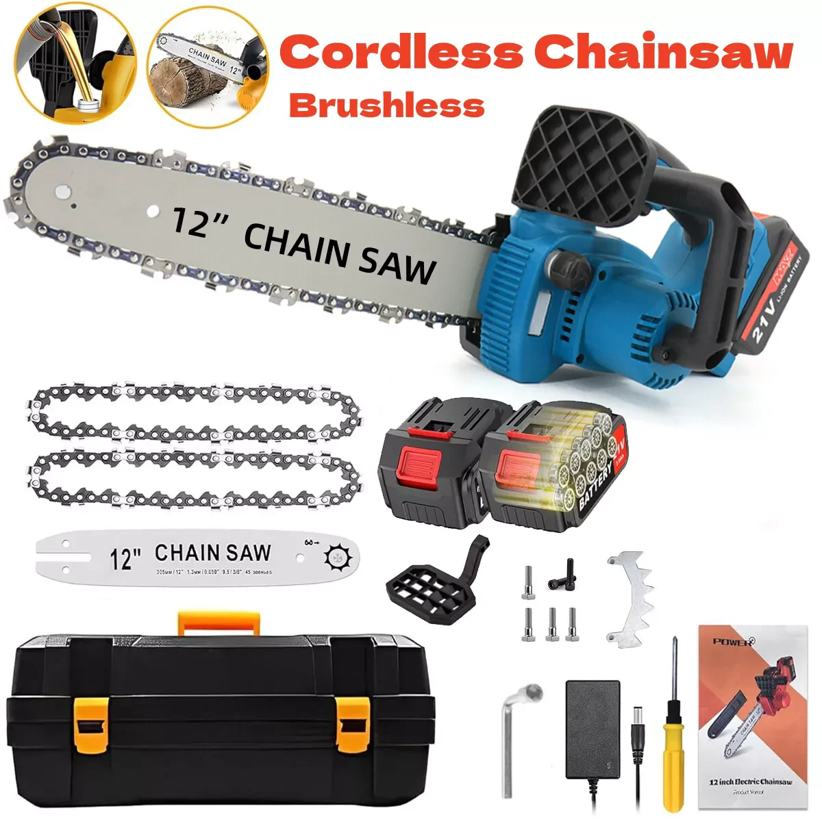 12 Inch Cordless Chainsaw Electric  Handheld Chain Saw Firewood Tree Cutting Garden Pruning Power Tool 2 Batteries