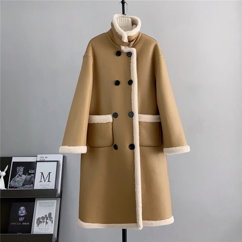 Real Lamb Wool Long Motorcycle Overcoat Women Winter Stand Collar Double Breasted Pockets Versatile Thick Warm Fur Jacket Coats