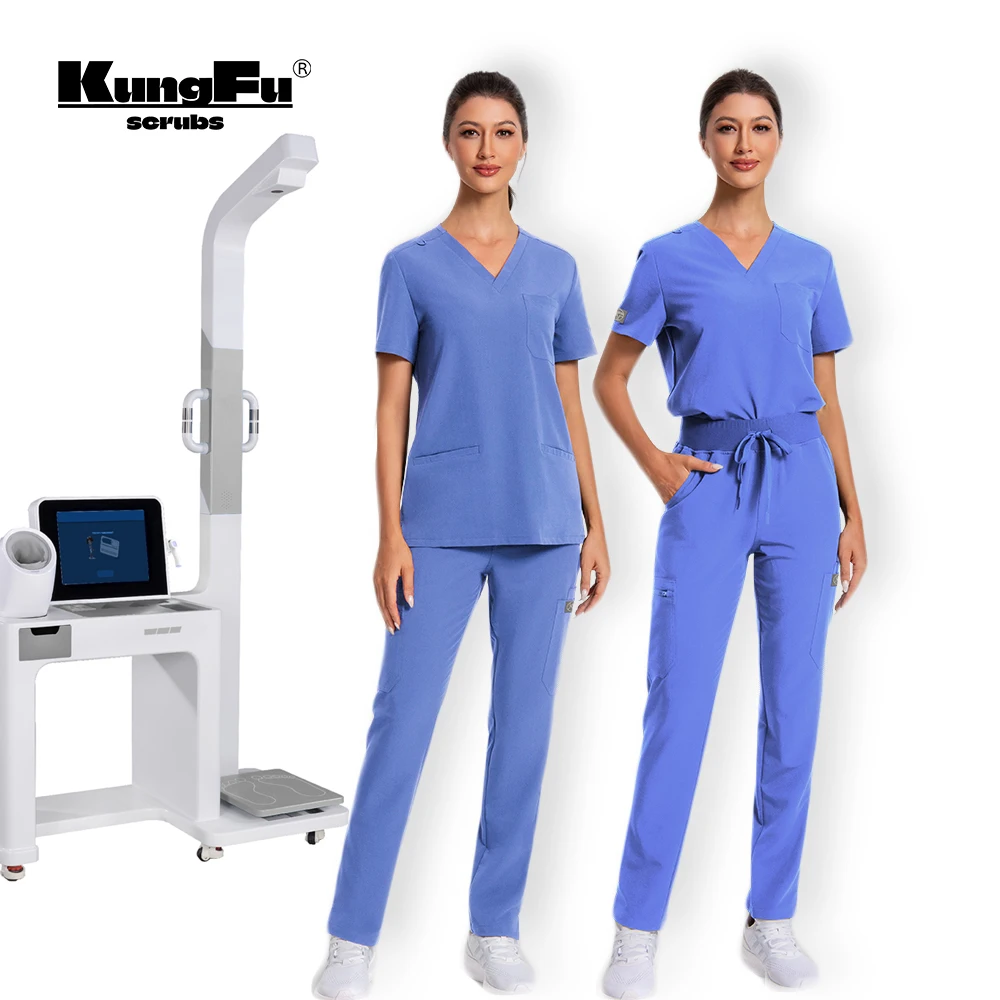 kungfu-scruns-–-uniforme-medical-pour-femmes-anti-rides-pantalon-professionnel-a-manches-courtes-ensemble-de-2-pieces-tenue-d'infirmiere-de-clinique-d'hopital