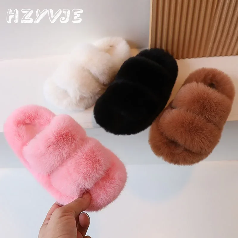 

Children's Winter Slippers Woolen Shoes Boys Girls Flat Sandals Soild Indoor Slippers Kids Home Shoes Fluffy Slippers