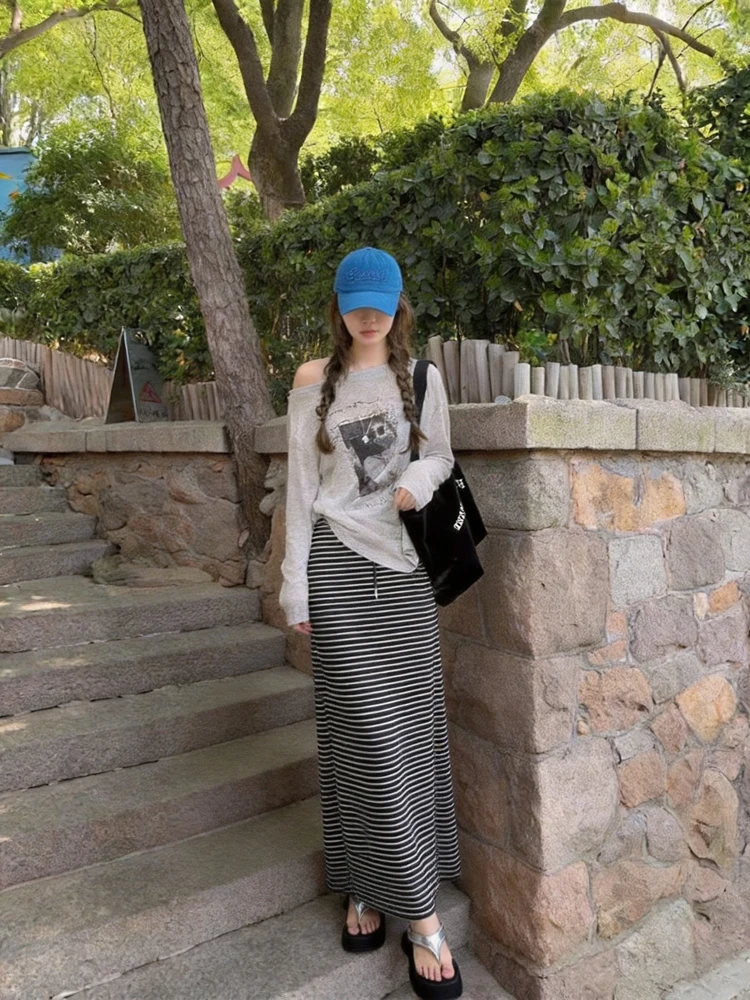 

Casual Stripe Print Long Sleeve T-Shirt And Skirt Two-Piece Set Women's Summer Fashion Outfit Comfortable Breathable Clo...
